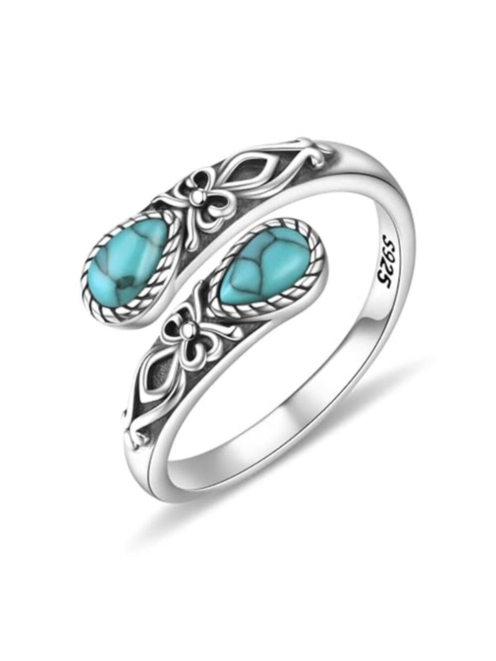 Sterling Silver Turquoise Ring Adjustable Vintage Sunflower Spoon Ring Women
